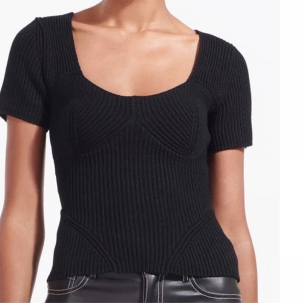 STAUD Buxton Black Knit Sweetheart Neckline Short Sleeve Sweater, XS